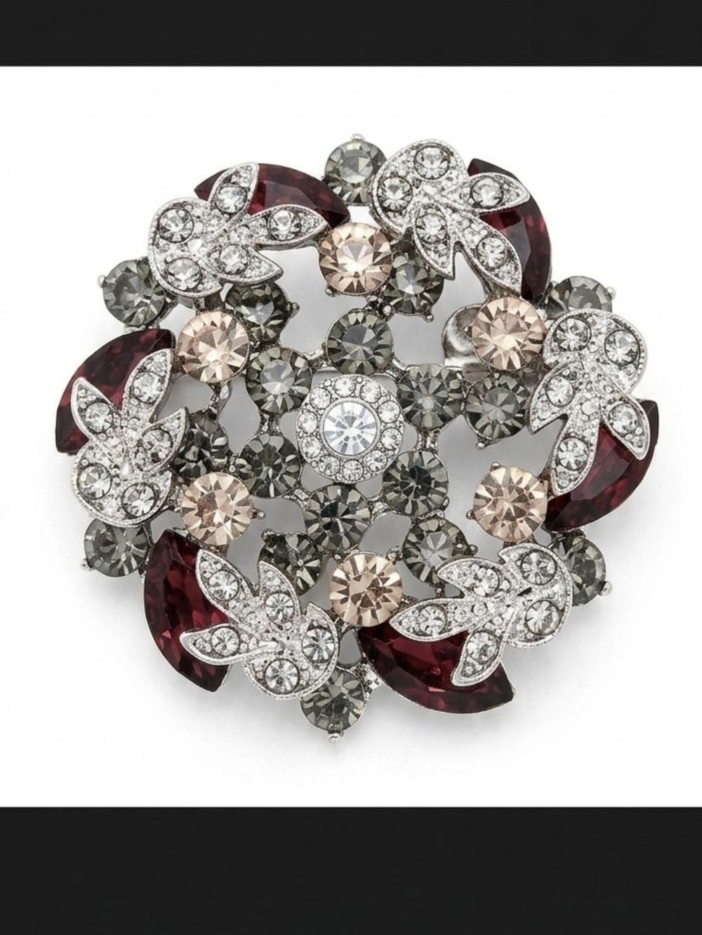 Crystal Floral Statement Brooch - Burgundy, Champagne & Silver